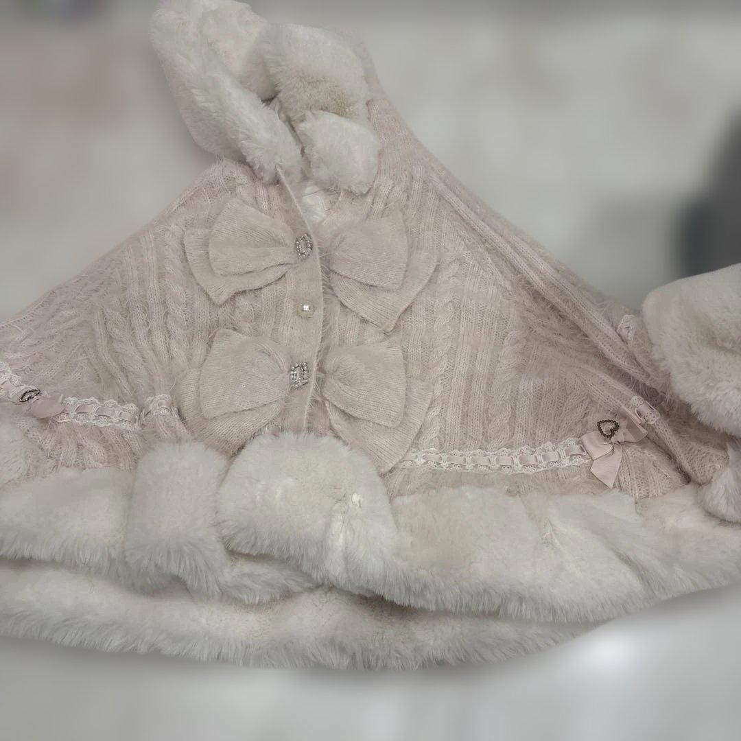 cocoriリズリサダブルリボンニットファーポンチョ