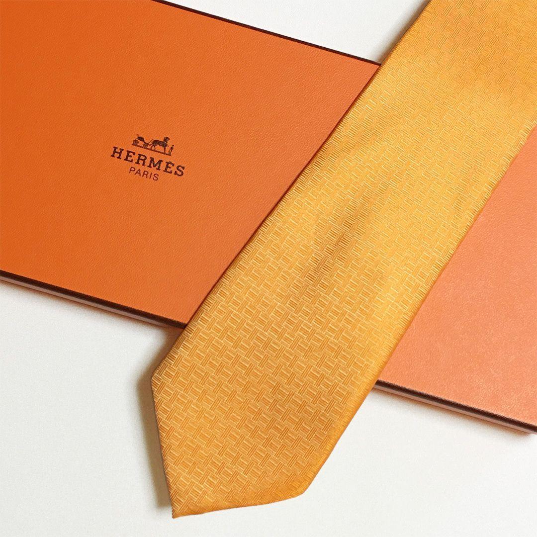 未使用級 エルメス HERMES ネクタイ シルク100% オレンジ H柄