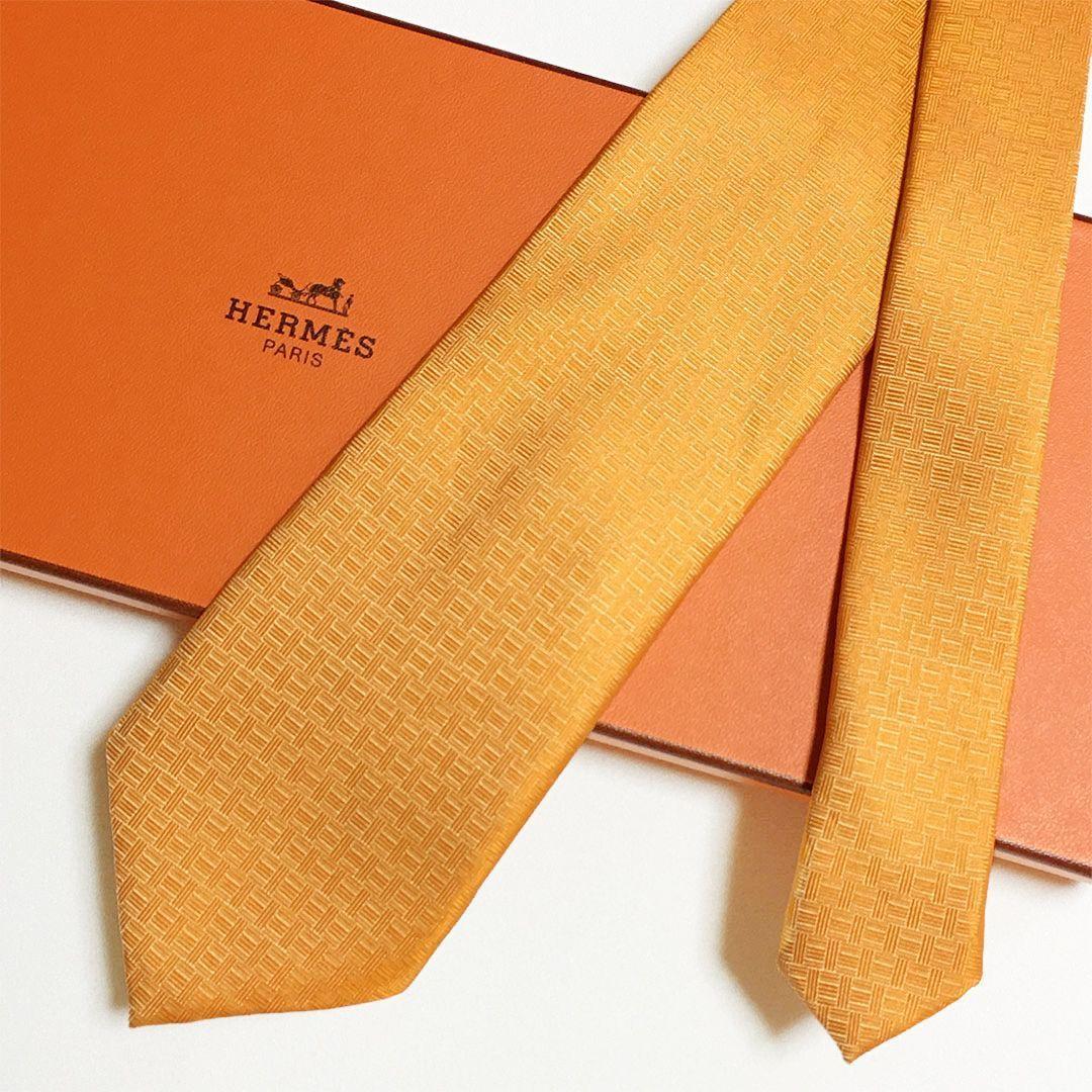 未使用級 エルメス HERMES ネクタイ シルク100% オレンジ H柄