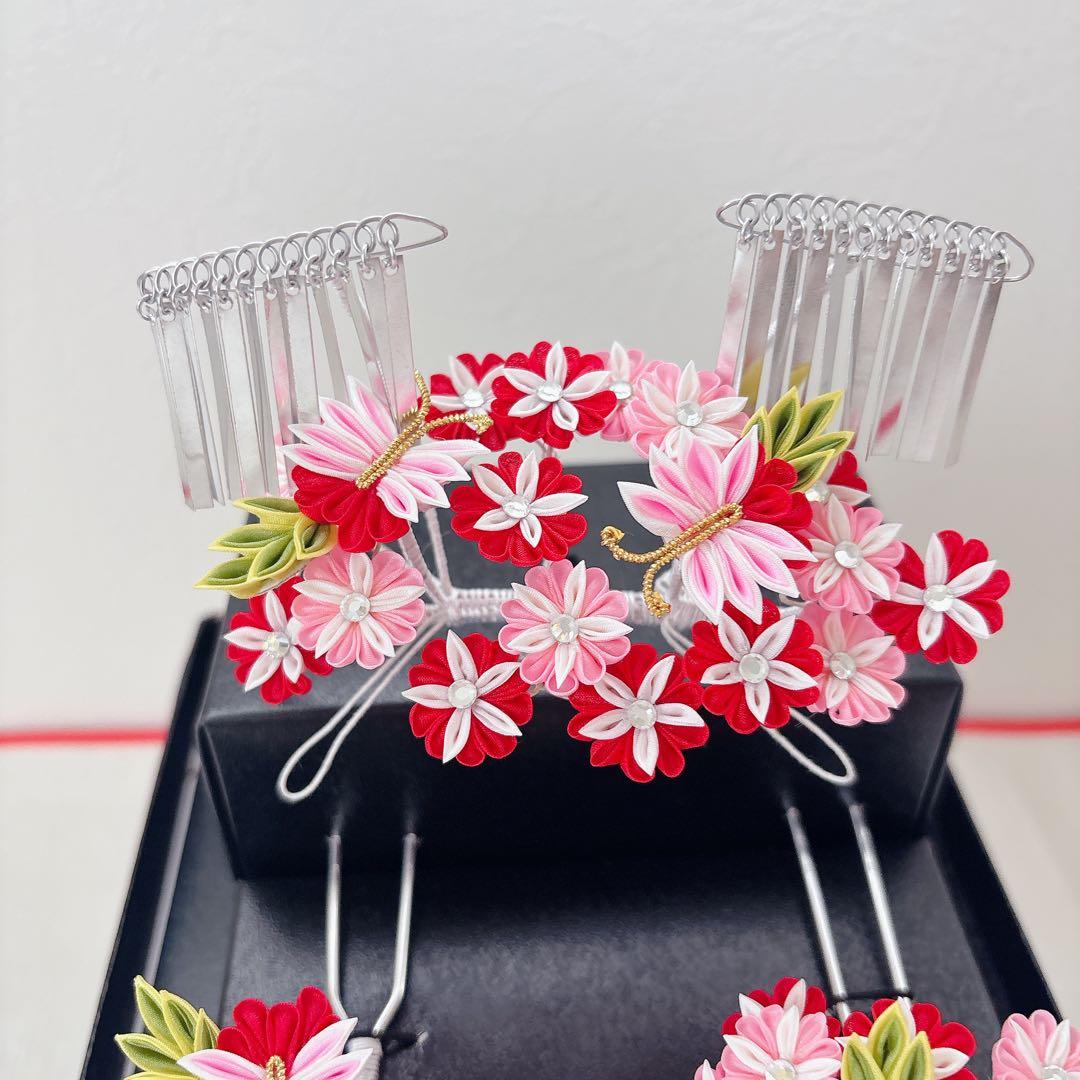 七五三　赤　ピンク　勝山かんざし　髪飾り　簪　かのこ　ちんころ　日本髪　７歳