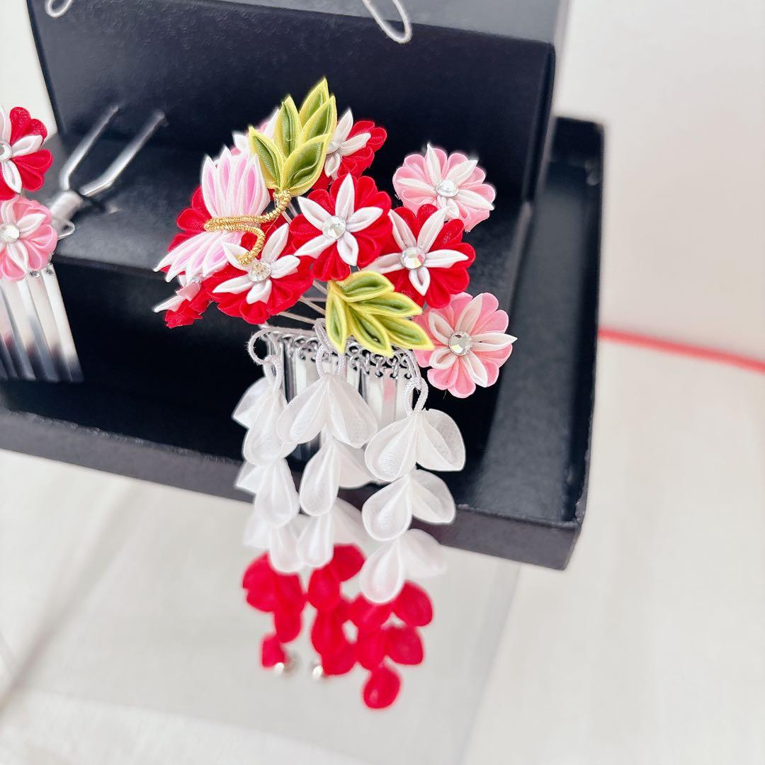 七五三　赤　ピンク　勝山かんざし　髪飾り　簪　かのこ　ちんころ　日本髪　７歳