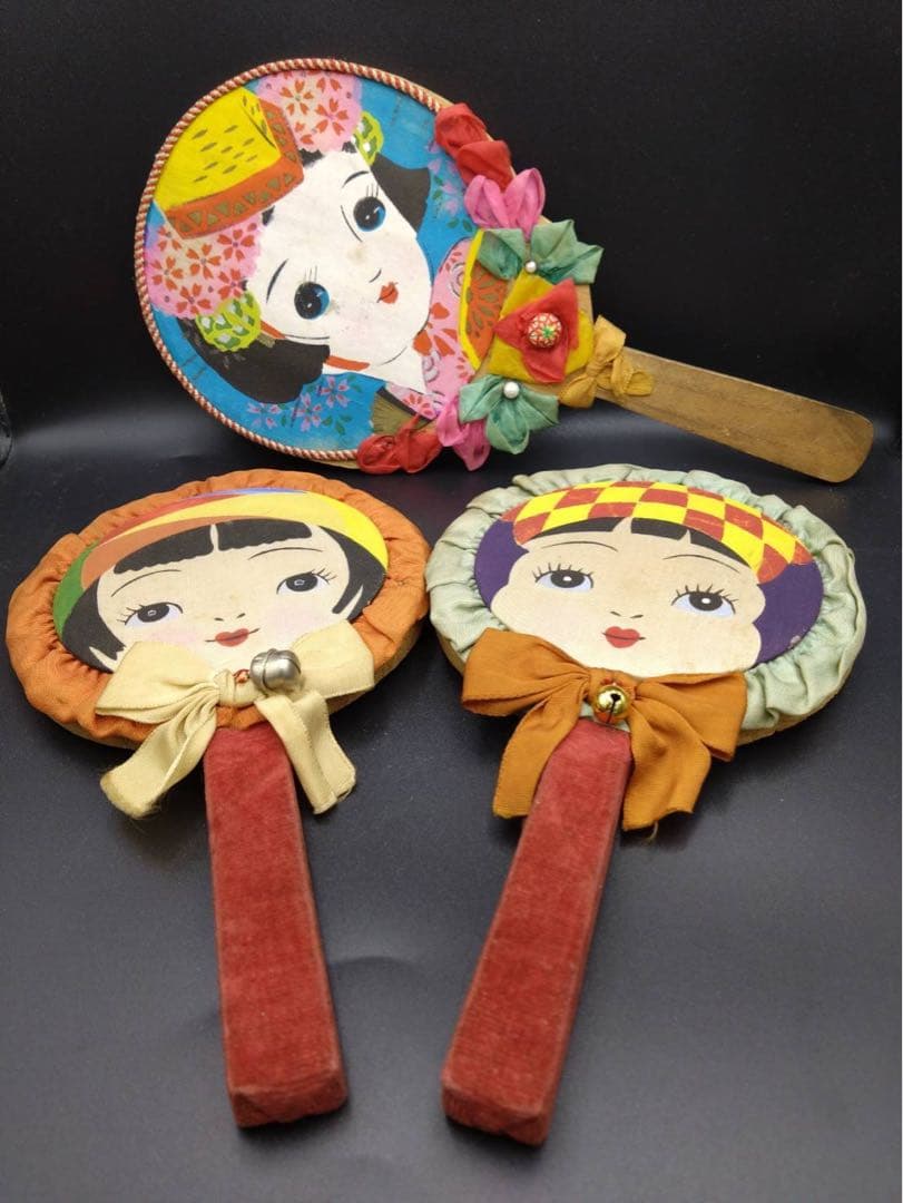 昭和 レトロ 桐製 少女 絵 羽子板 3点セット 木製 イラスト