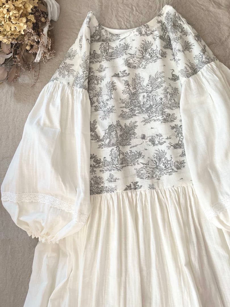 トワルドジュイ柄&ダブルガーゼマキシ丈ローウエストギャザーワンピース。.＊