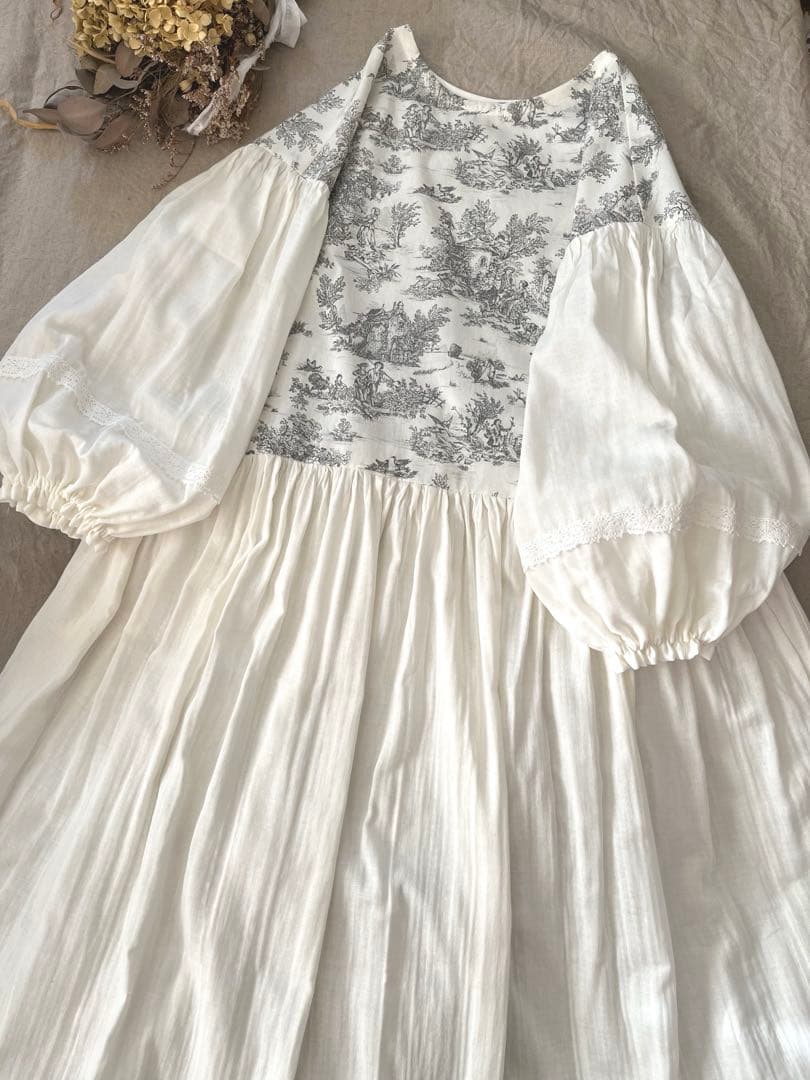 トワルドジュイ柄&ダブルガーゼマキシ丈ローウエストギャザーワンピース。.＊