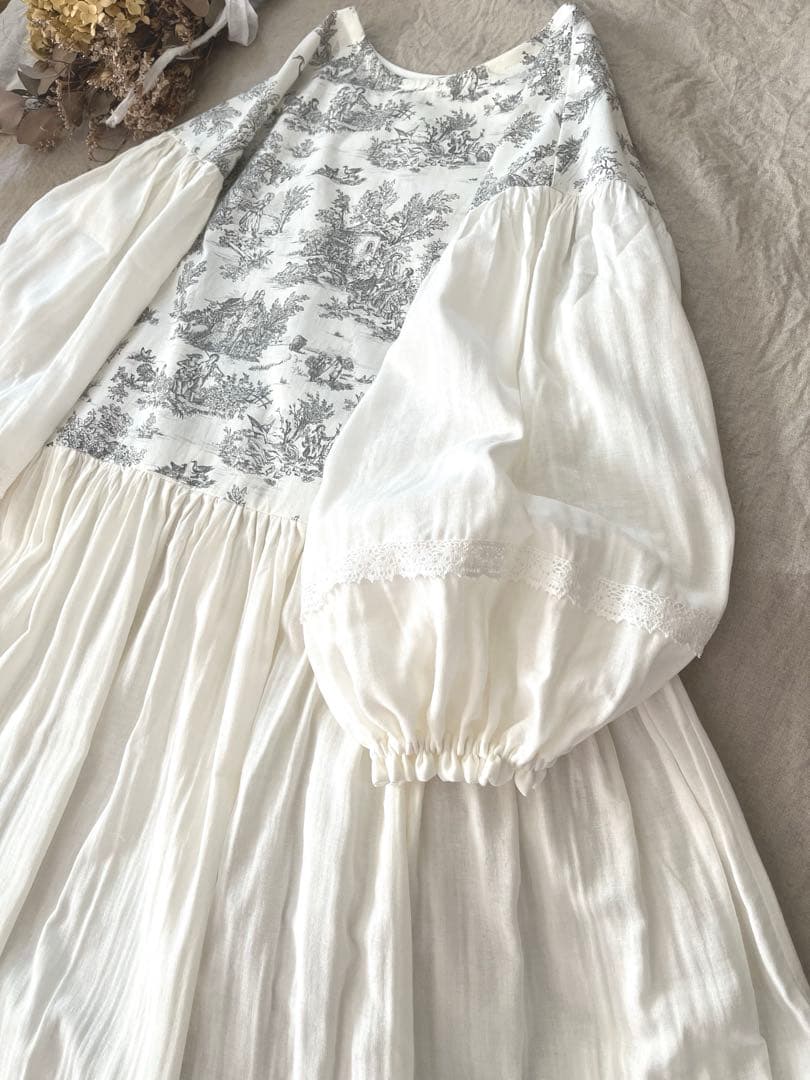 トワルドジュイ柄&ダブルガーゼマキシ丈ローウエストギャザーワンピース。.＊