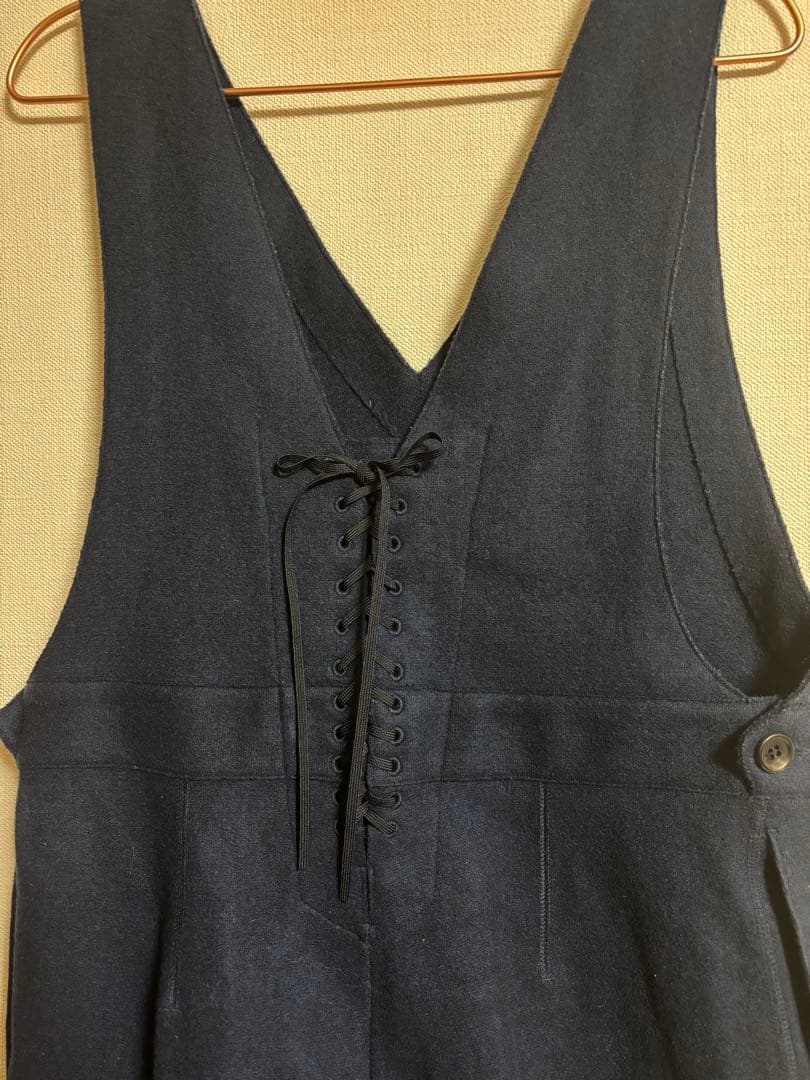 ●45R●インディゴブルー●縮絨Vネックワイドウールサロペットパンツ●