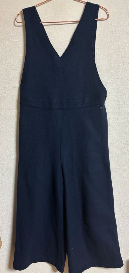 ●45R●インディゴブルー●縮絨Vネックワイドウールサロペットパンツ●