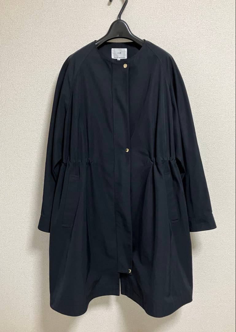 23区L 44【洗える】ライトツイル ノーカラーコート ネイビー