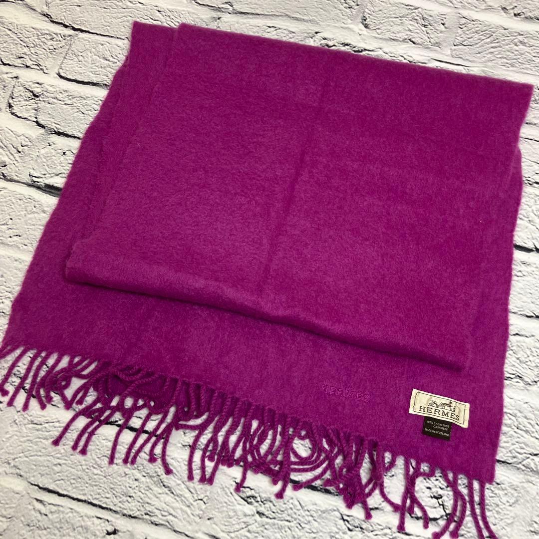 美品✨エルメス HERMES カシミヤ100% マフラー ロゴ刺繍 正規品