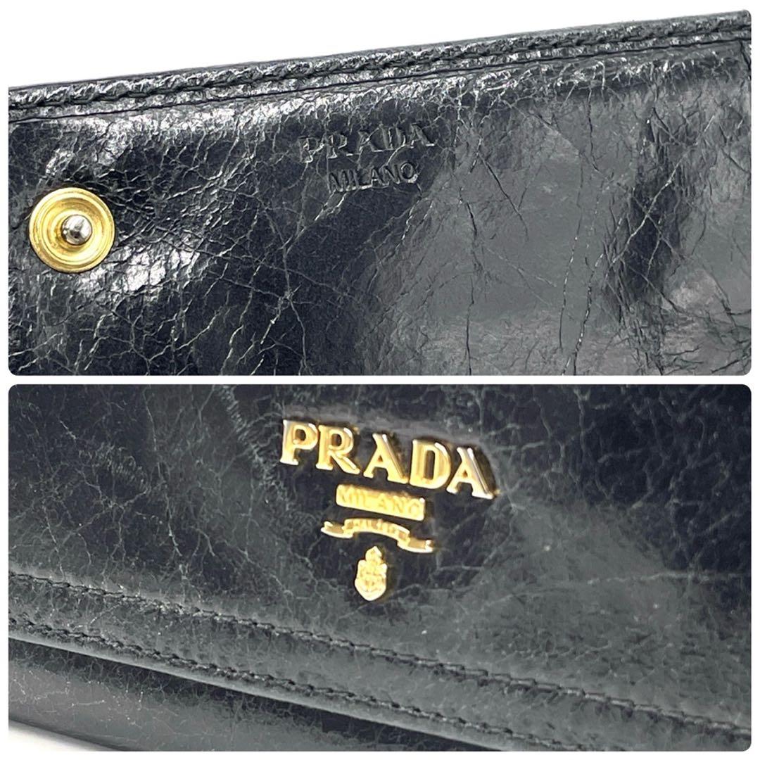 極美品● PRADA プラダ 長財布 二つ折り シワ加工 ブラック レザー