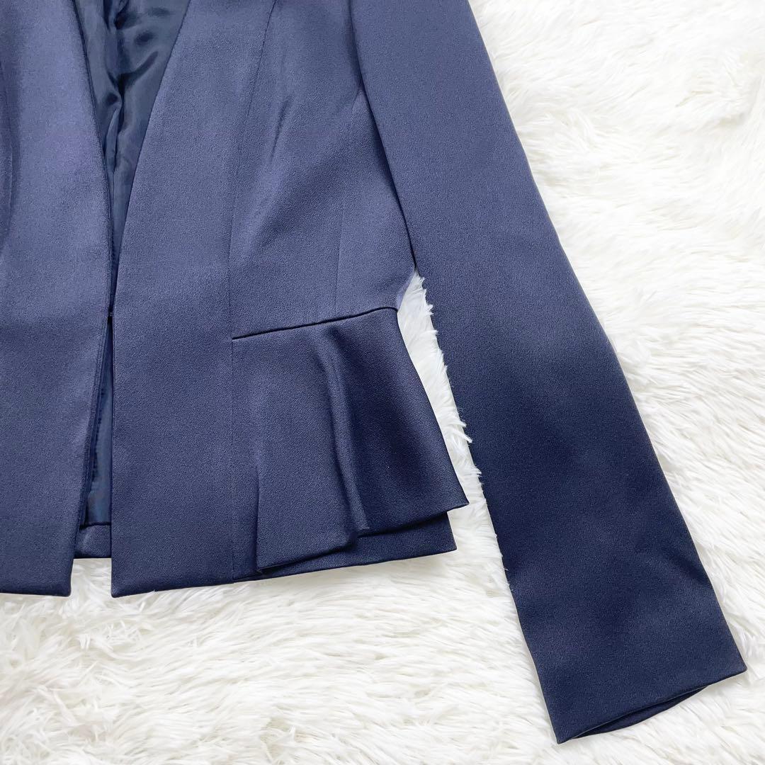 【美品】ANAYI トリアセサテン　ぺプラムノーカラージャケット　ネイビー　38