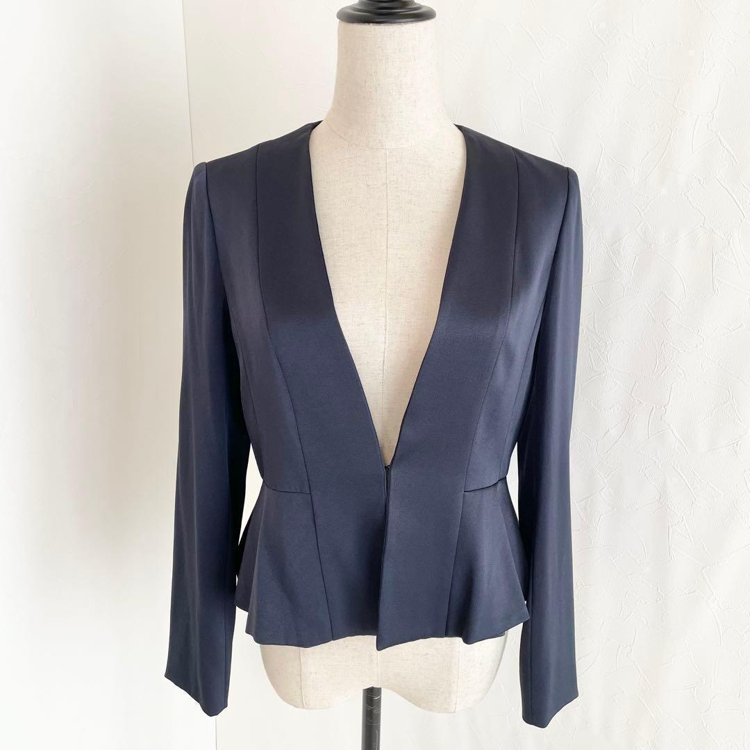 【美品】ANAYI トリアセサテン　ぺプラムノーカラージャケット　ネイビー　38
