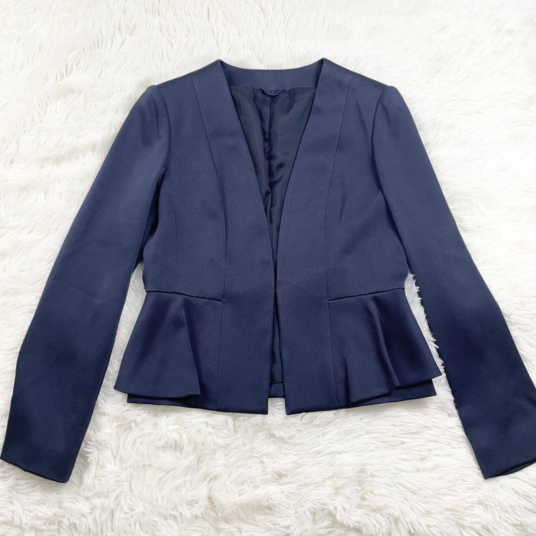 【美品】ANAYI トリアセサテン　ぺプラムノーカラージャケット　ネイビー　38