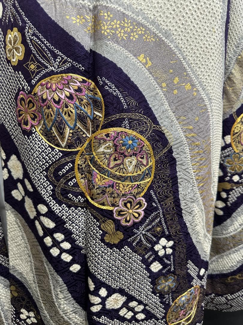 本加工総絞り 刺繍くすみカラー 薄グレー地 振袖 袋帯 フルセット