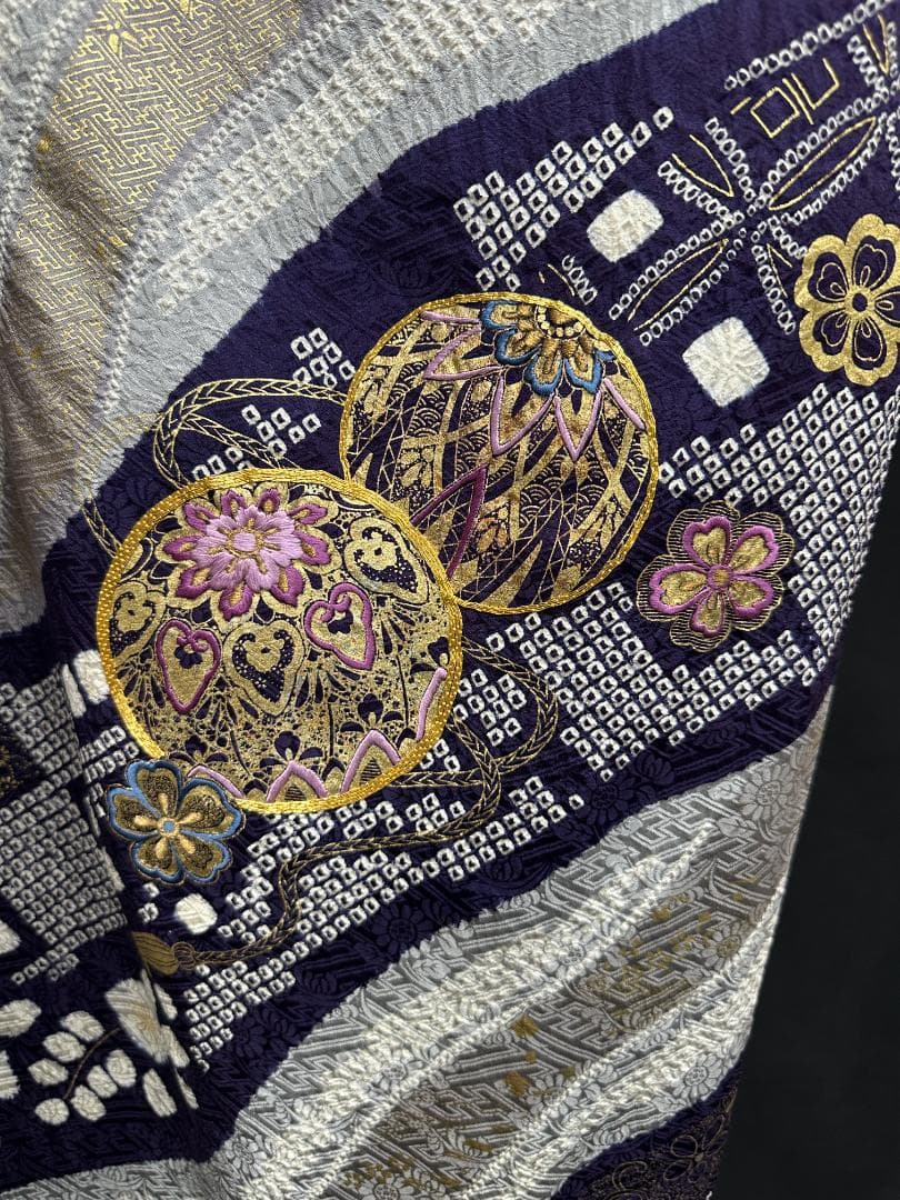 本加工総絞り 刺繍くすみカラー 薄グレー地 振袖 袋帯 フルセット