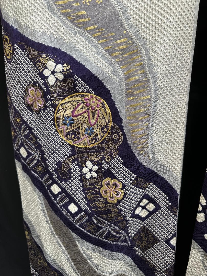 本加工総絞り 刺繍くすみカラー 薄グレー地 振袖 袋帯 フルセット