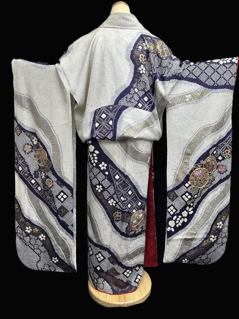 本加工総絞り 刺繍くすみカラー 薄グレー地 振袖 袋帯 フルセット