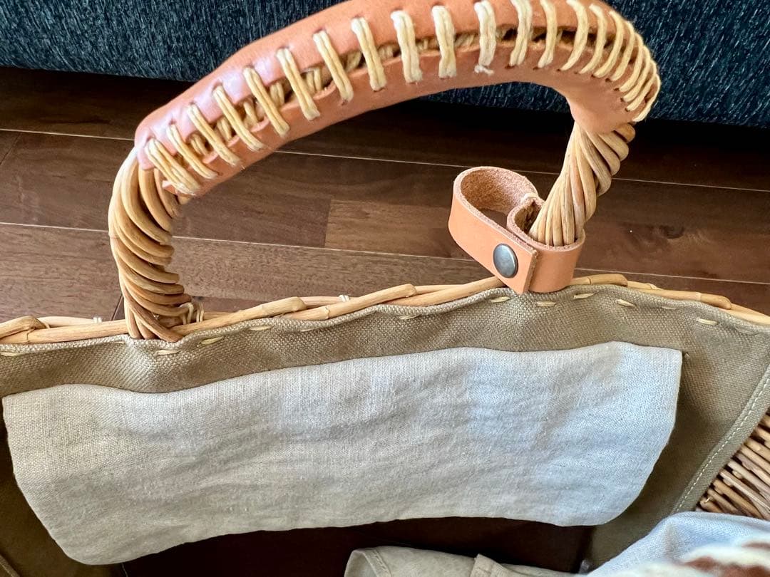 ebagos エバゴス 紅籐カゴ リネンかぶせ布付 小型鏡付 美品 専用保管袋付