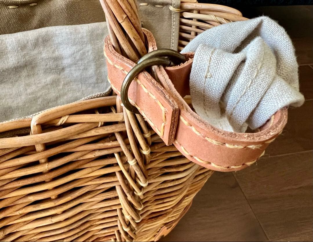 ebagos エバゴス 紅籐カゴ リネンかぶせ布付 小型鏡付 美品 専用保管袋付