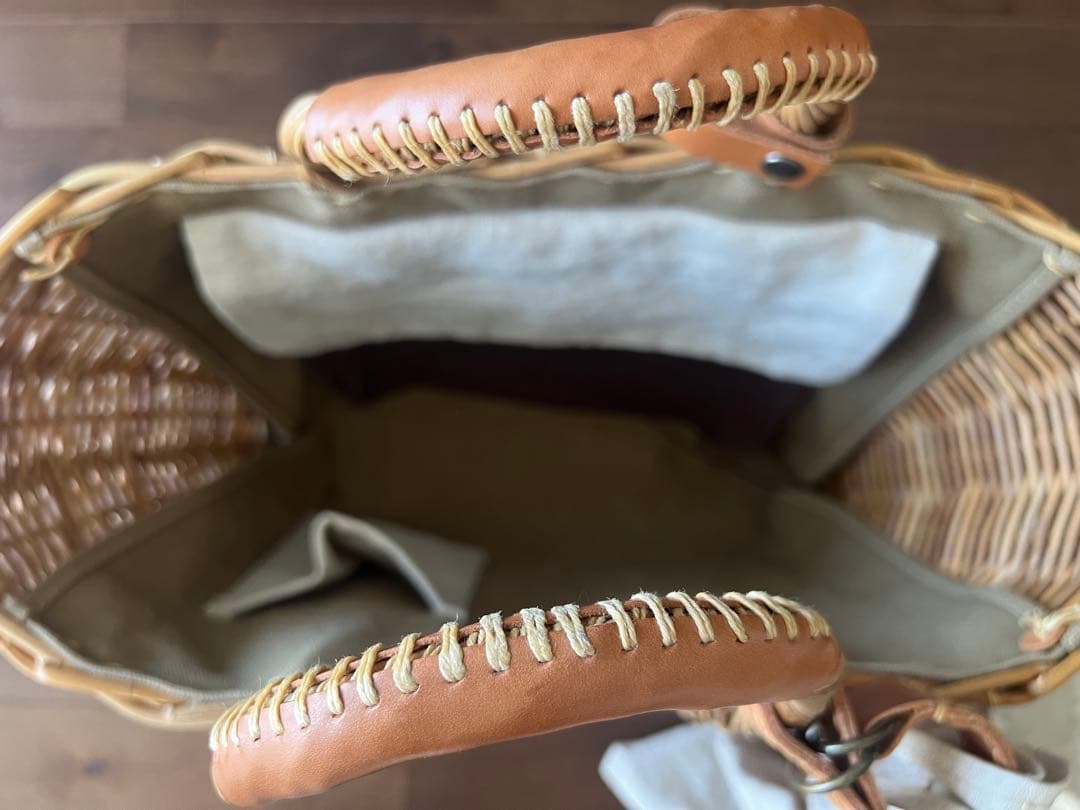 ebagos エバゴス 紅籐カゴ リネンかぶせ布付 小型鏡付 美品 専用保管袋付