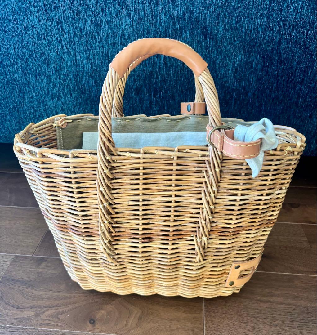 ebagos エバゴス 紅籐カゴ リネンかぶせ布付 小型鏡付 美品 専用保管袋付