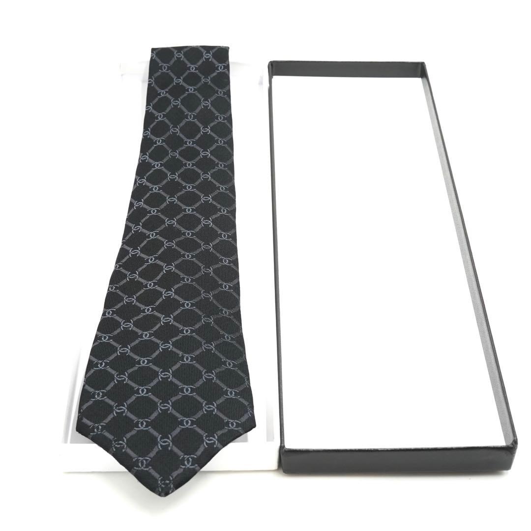 ✨未使用に近い　CHANEL ネクタイ　ココマーク　チェック　チェーン　ブラック