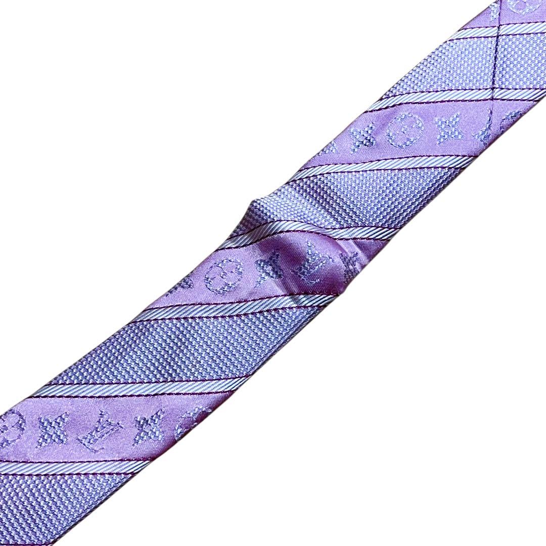 美品　ルイヴィトン　ネクタイ　モノグラム　ピンク　ロゴ　ジャガード　ストライプ