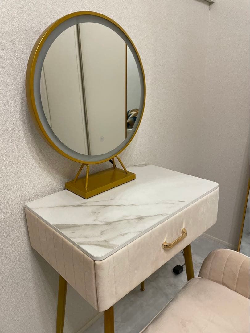 【引き取り限定】ドレッサー3点セットピンク ベロア調 大理石風 テーブル椅子 鏡