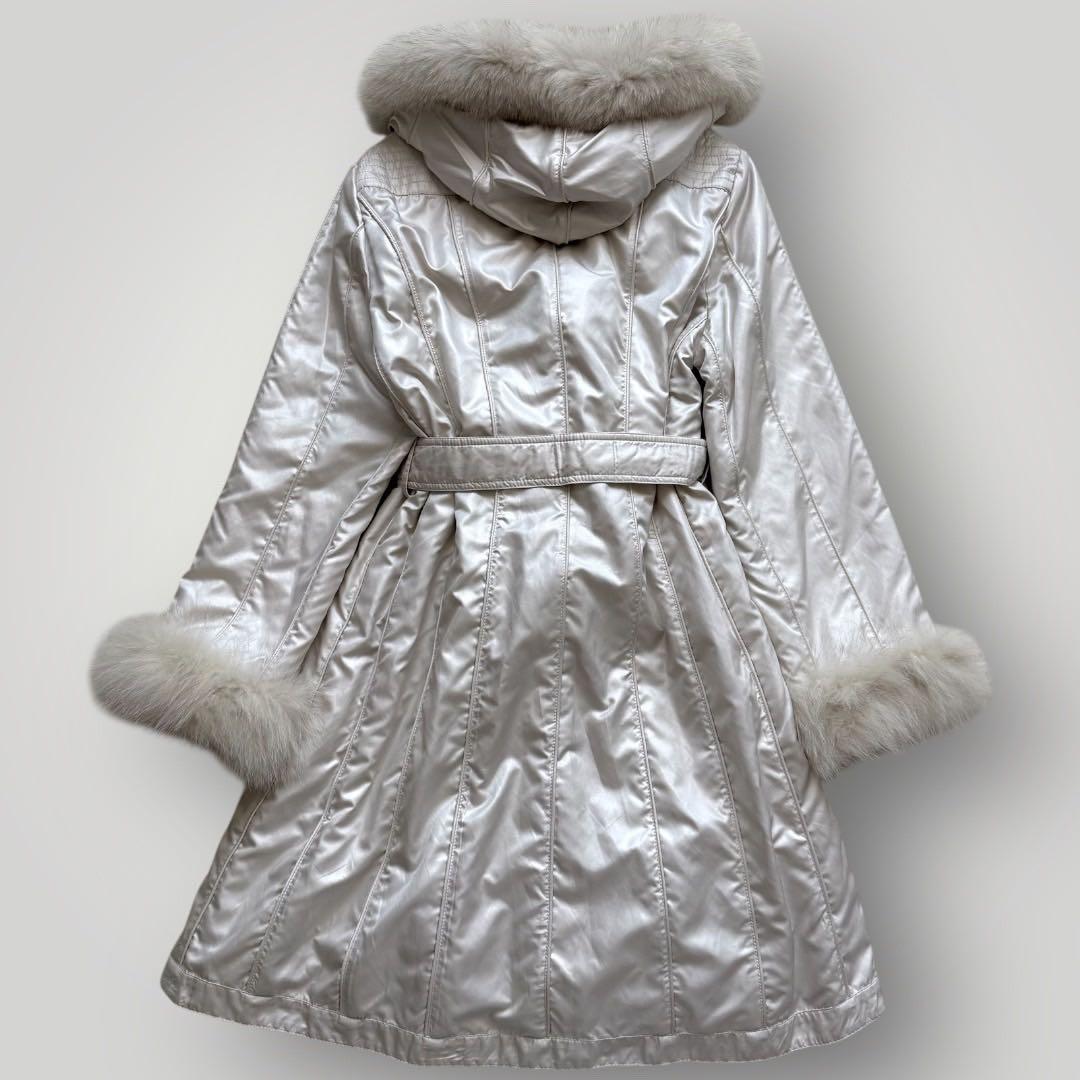 美品 ブルーフォックス フード ロングコート 毛皮 ベルト トレンチ ホワイト