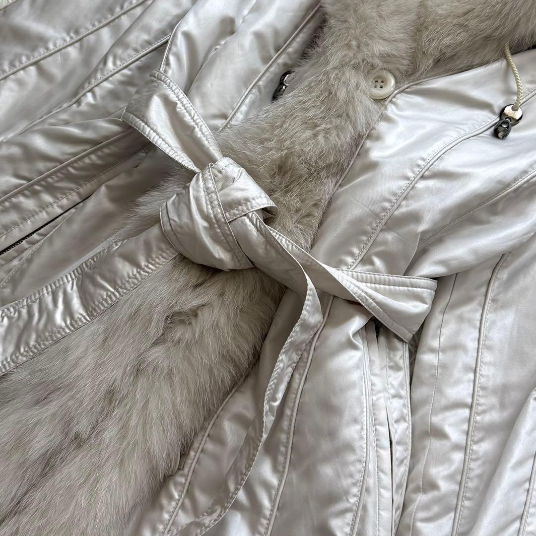 美品 ブルーフォックス フード ロングコート 毛皮 ベルト トレンチ ホワイト