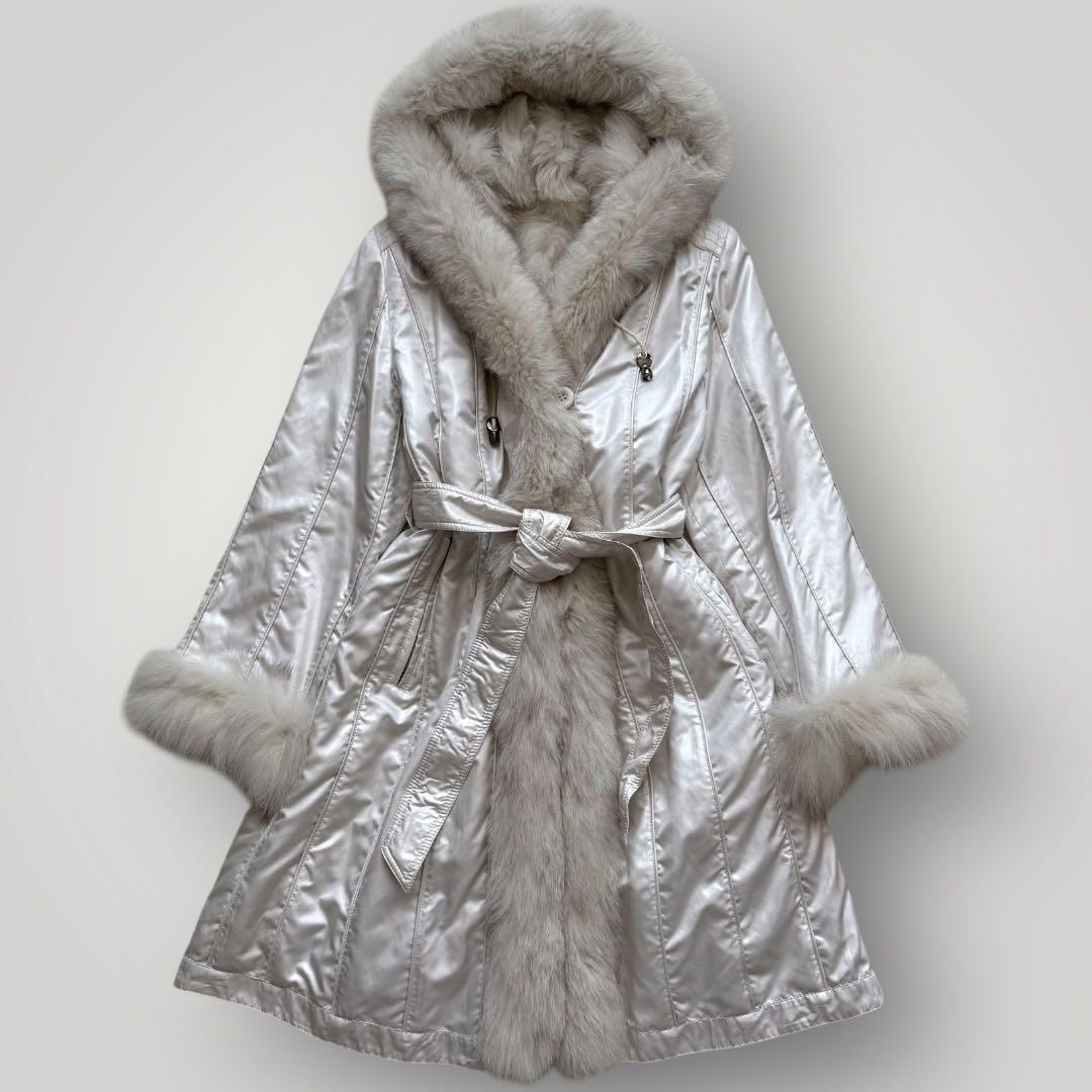 美品 ブルーフォックス フード ロングコート 毛皮 ベルト トレンチ ホワイト