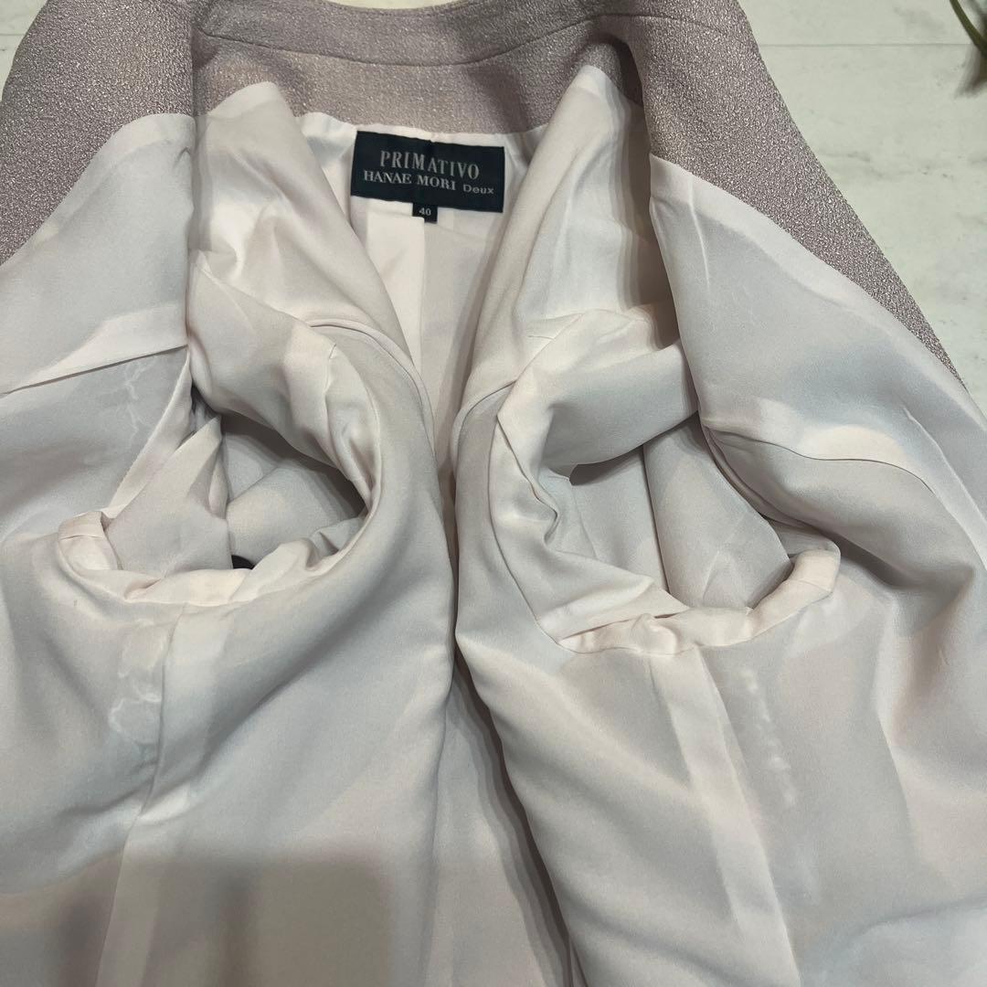 極美品　ハナエモリ　ノーカラージャケット　レース　サイズ40 シボ加工　薄ピンク