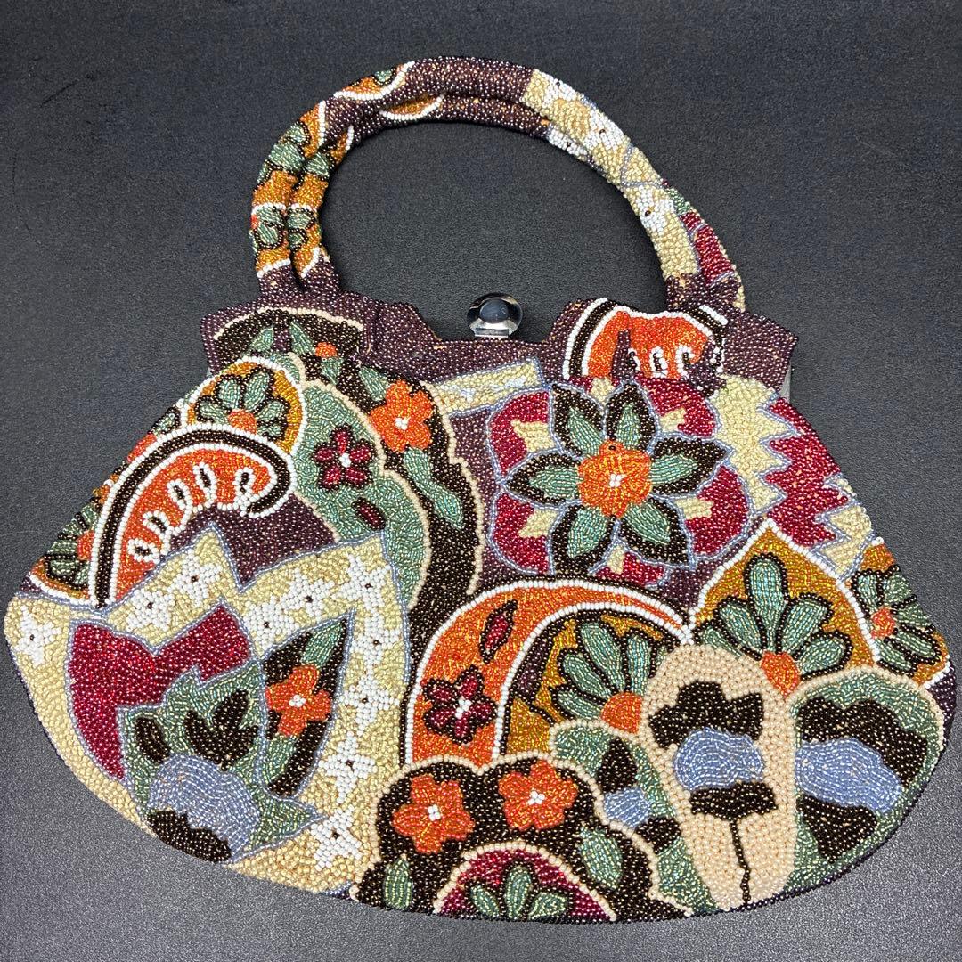 ビーズ刺繍 花柄 和装用バッグ　昭和レトロ