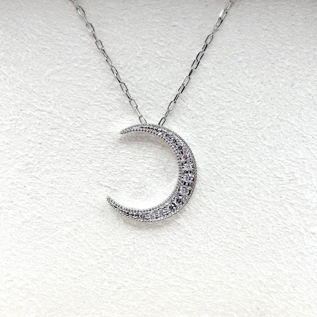 【新品同様】 ミキモト K18WG 0.08ct月モチーフ ダイヤ ネックレス