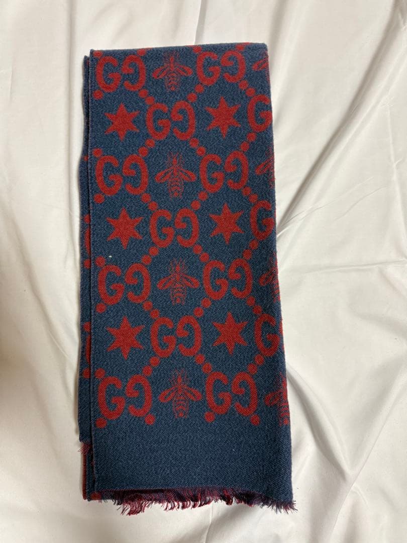 GUCCI ウールマフラー ネイビー/レッド
