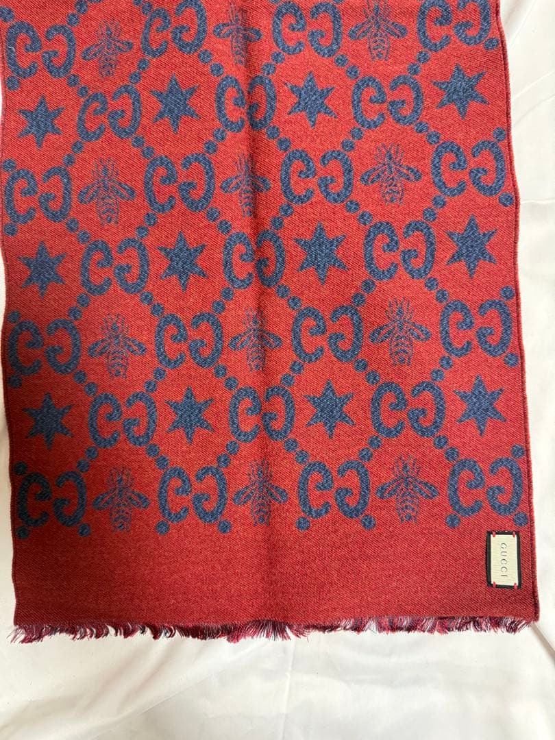 GUCCI ウールマフラー ネイビー/レッド