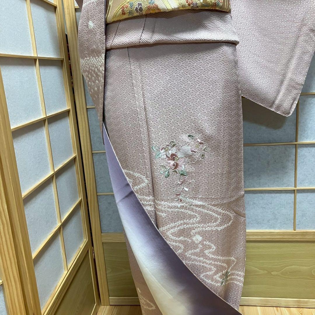 ごうすけぷ様［7160］訪問着 美品 花流水文様 絞り 刺繍幅広サイズ正絹着物袷
