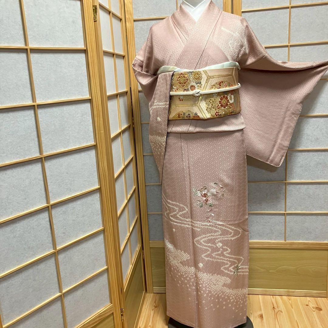 ごうすけぷ様［7160］訪問着 美品 花流水文様 絞り 刺繍幅広サイズ正絹着物袷