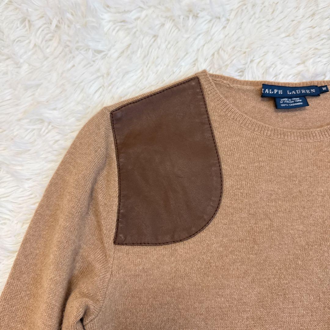 [美品] ラルフローレン カシミヤ100 ワンピース M レザー切替　フレア