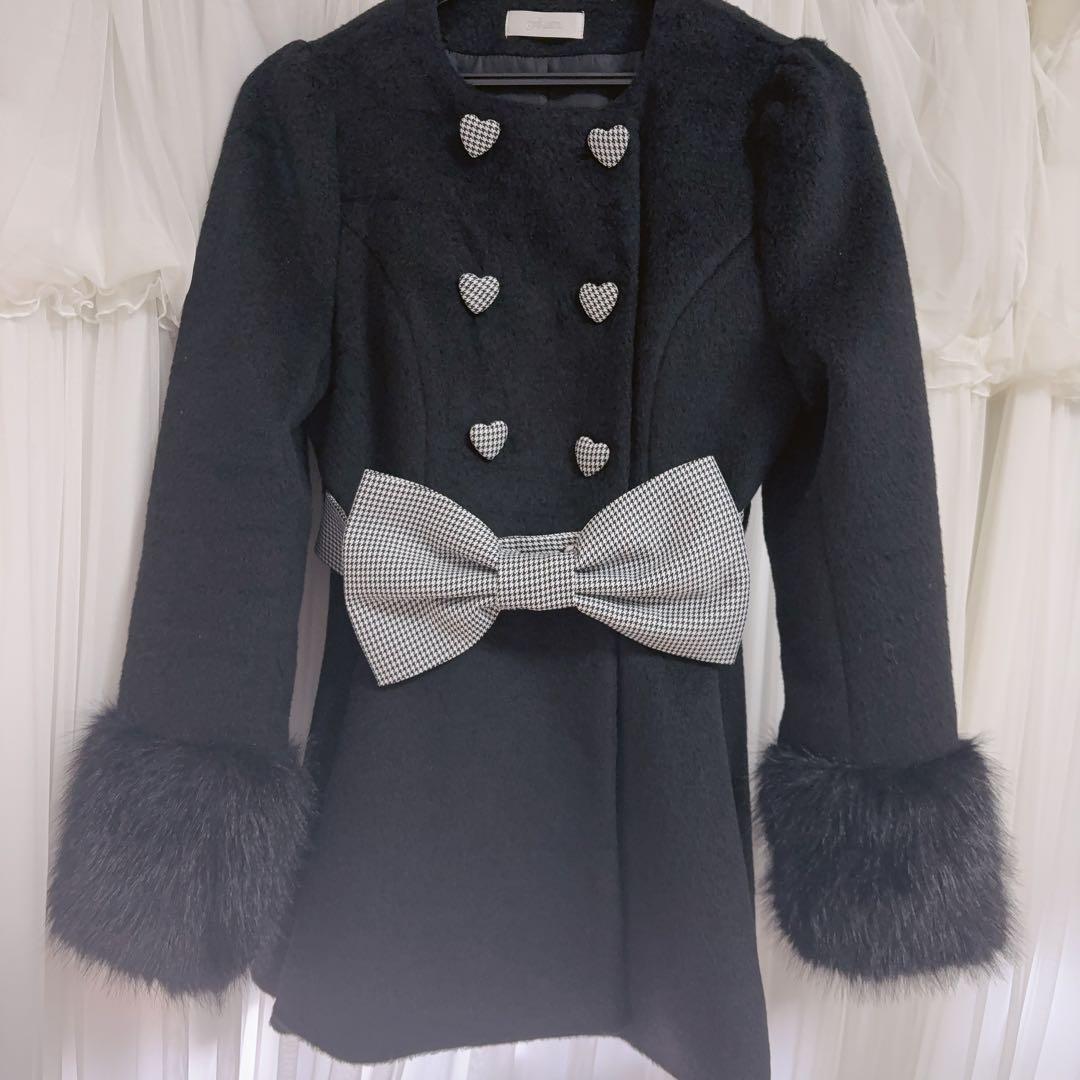 pium ハートボタンリボンベルトシャギーコート ブラックミックス コート