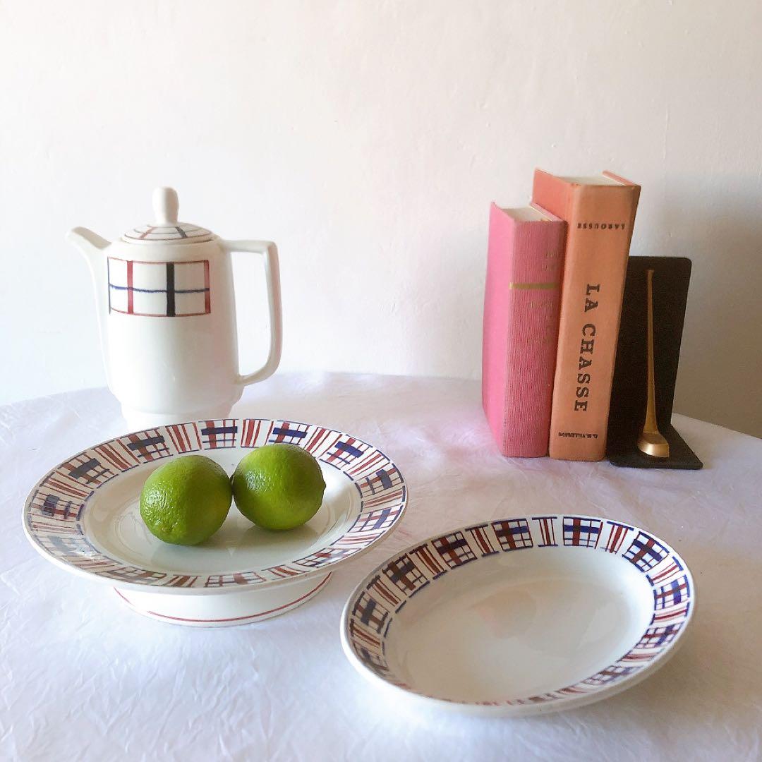 サンタマン　バスク柄ケーキスタンド　フランスアンティーク食器　ブロカント　蚤の市