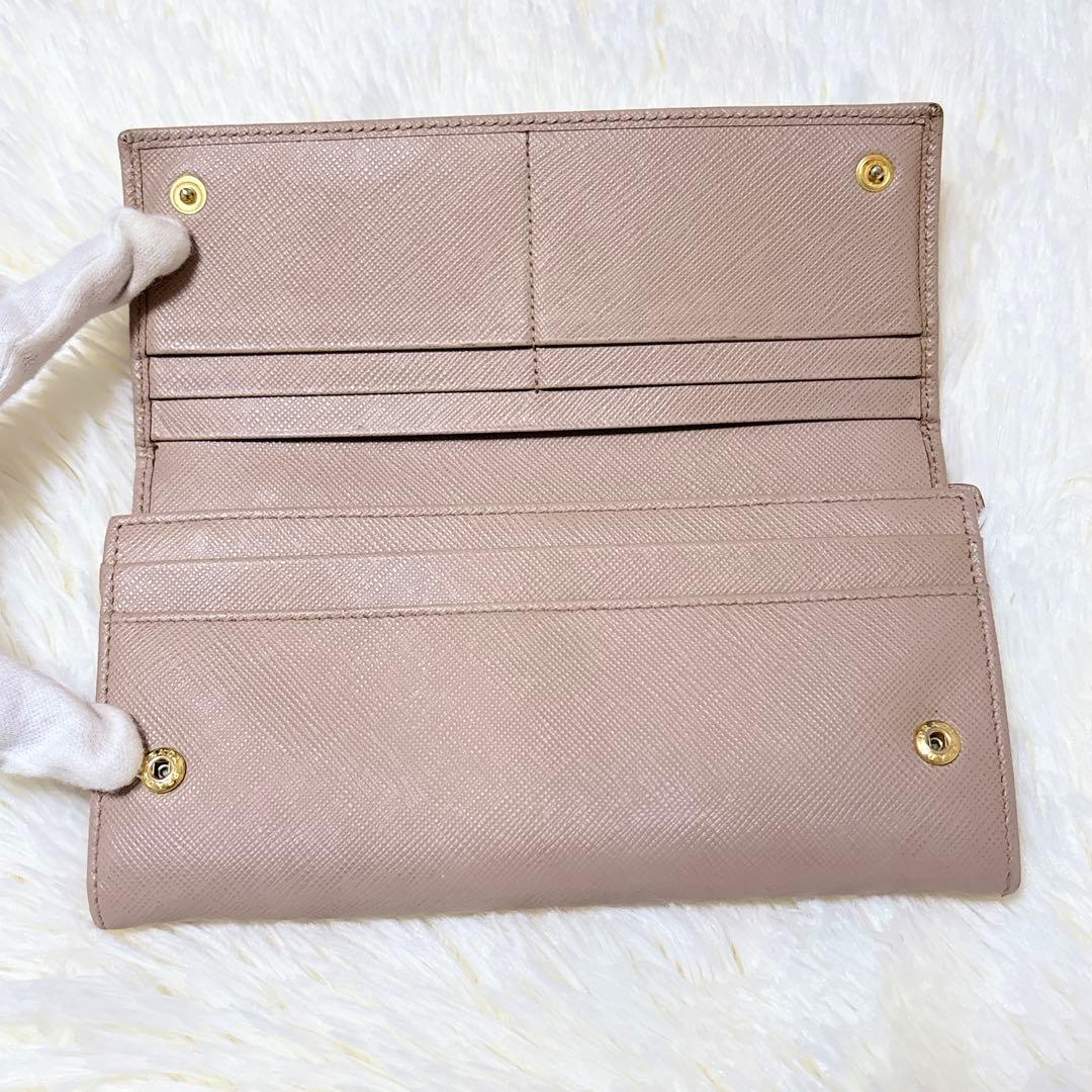現行/美品✨PRADA サフィアーノレザー 三角ロゴ長財布 ピンクベージュ