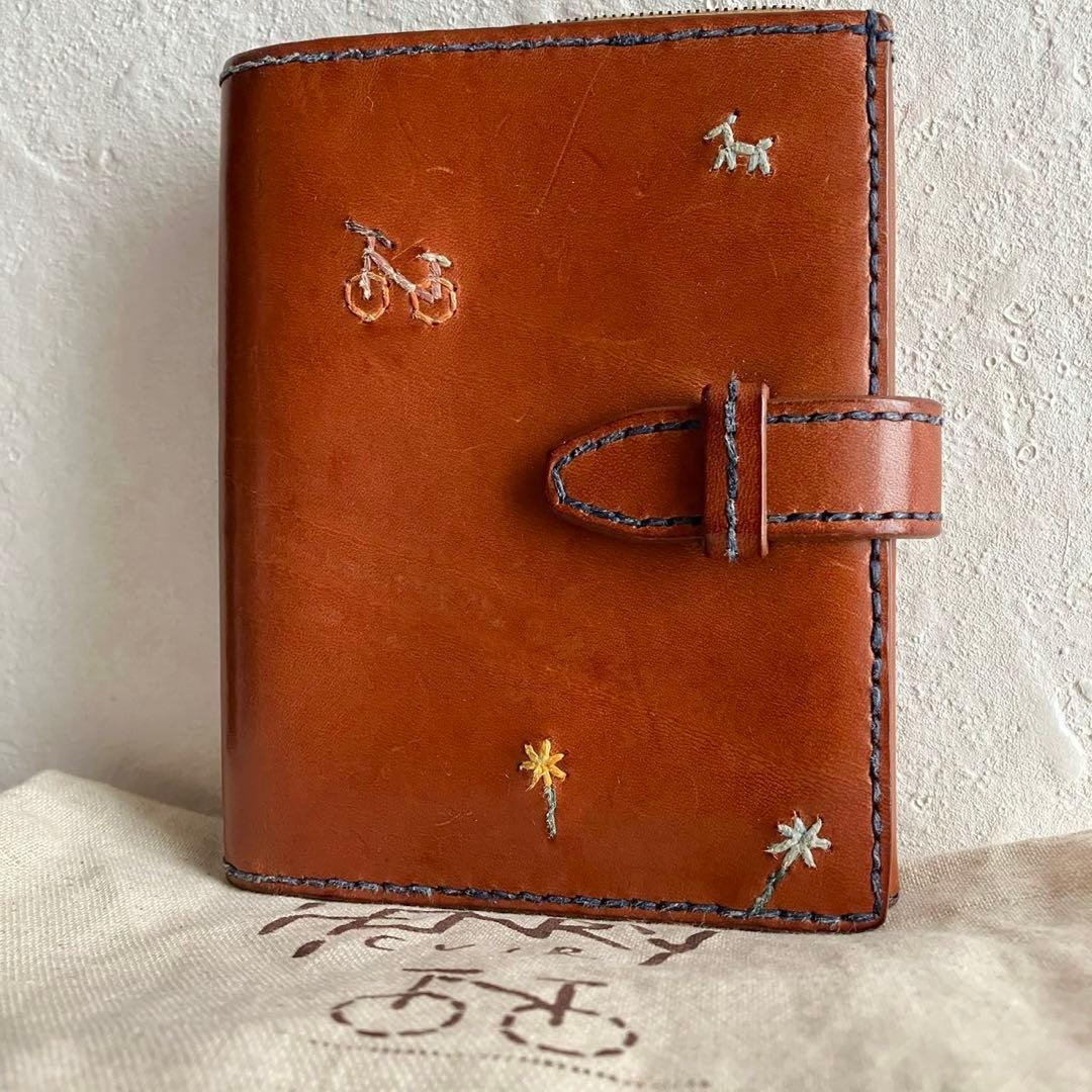 廃盤 希少 HENRY CUIR 折り財布 手帳型 刺繍 レザー ブラウン