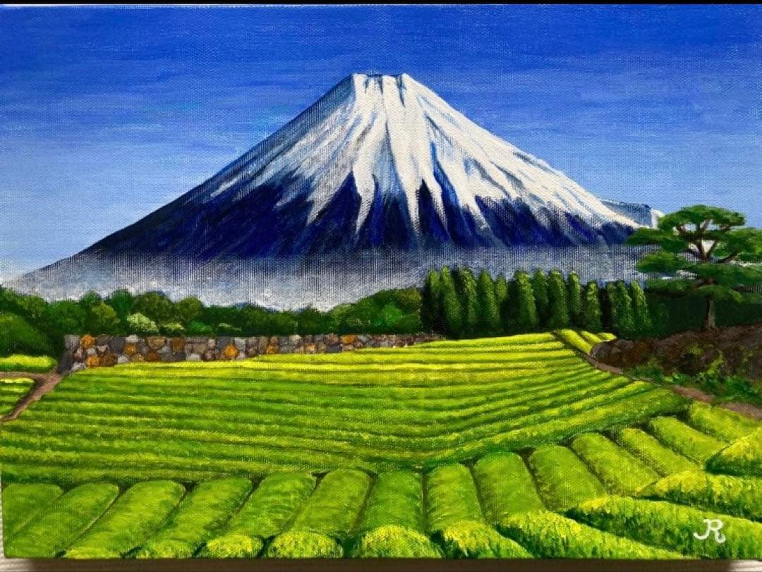 ご依頼品2点、風景画、アクリル画、原画 　　「朝日を浴びる富士山と茶畑」他