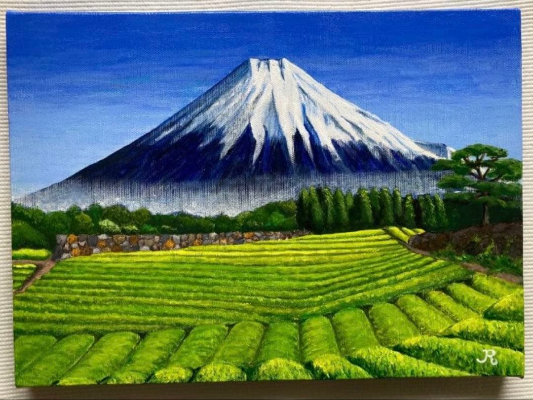 ご依頼品2点、風景画、アクリル画、原画 　　「朝日を浴びる富士山と茶畑」他