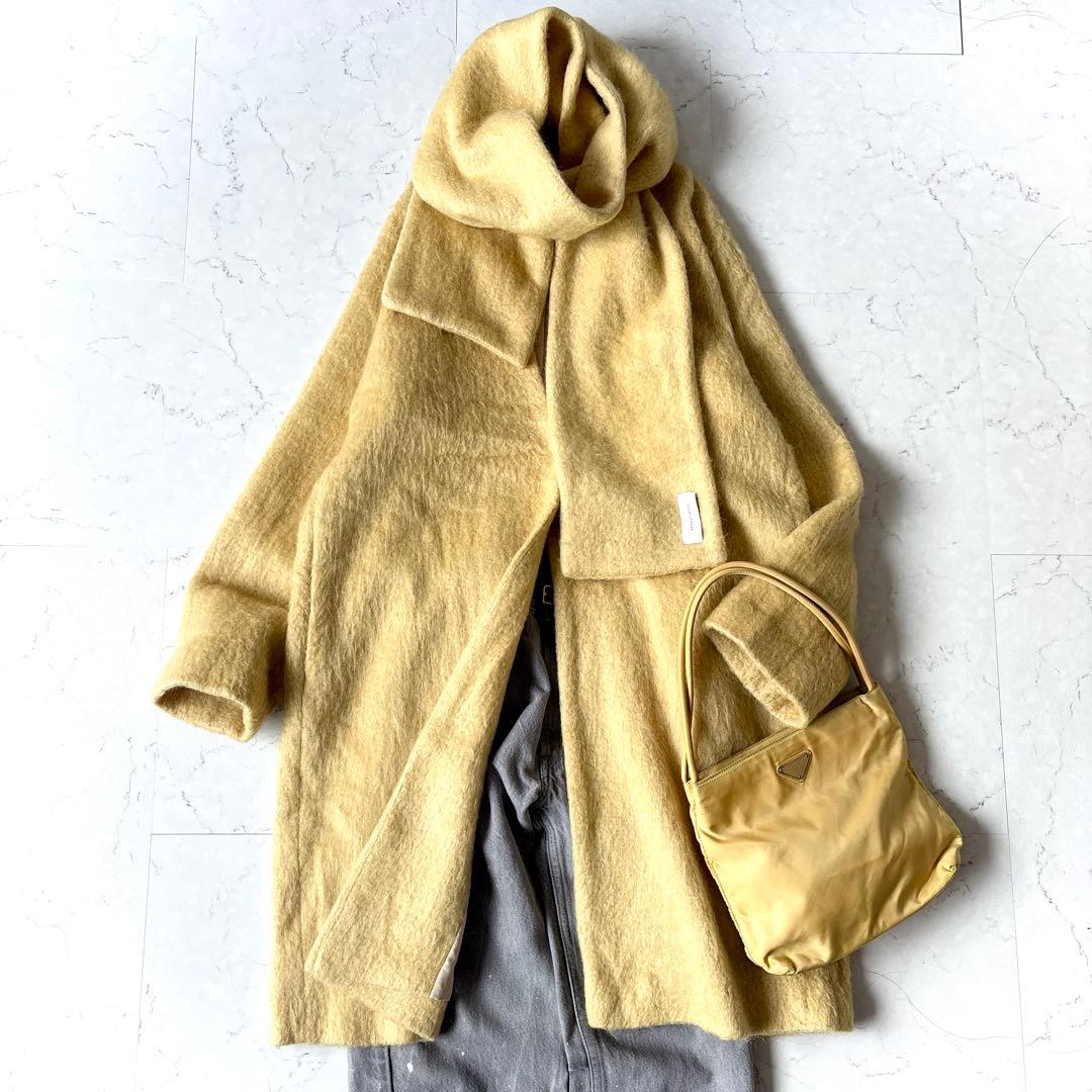 美品 アダムエロペ ウール モヘヤ シャギー ストール付 ロングコート 黄色