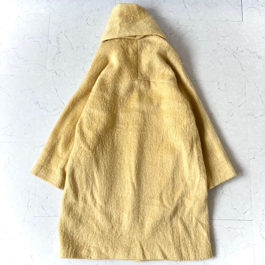 美品 アダムエロペ ウール モヘヤ シャギー ストール付 ロングコート 黄色