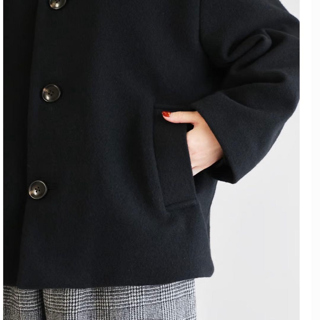 HUIS×尾州　縮絨ウールフランネルノーカラーショートコート（ブラック）