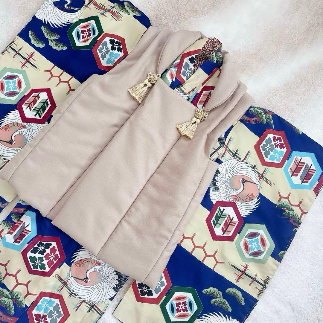 七五三　3歳　男の子　アンティーク　お着物　被布　セット　子供着物　青　鶴