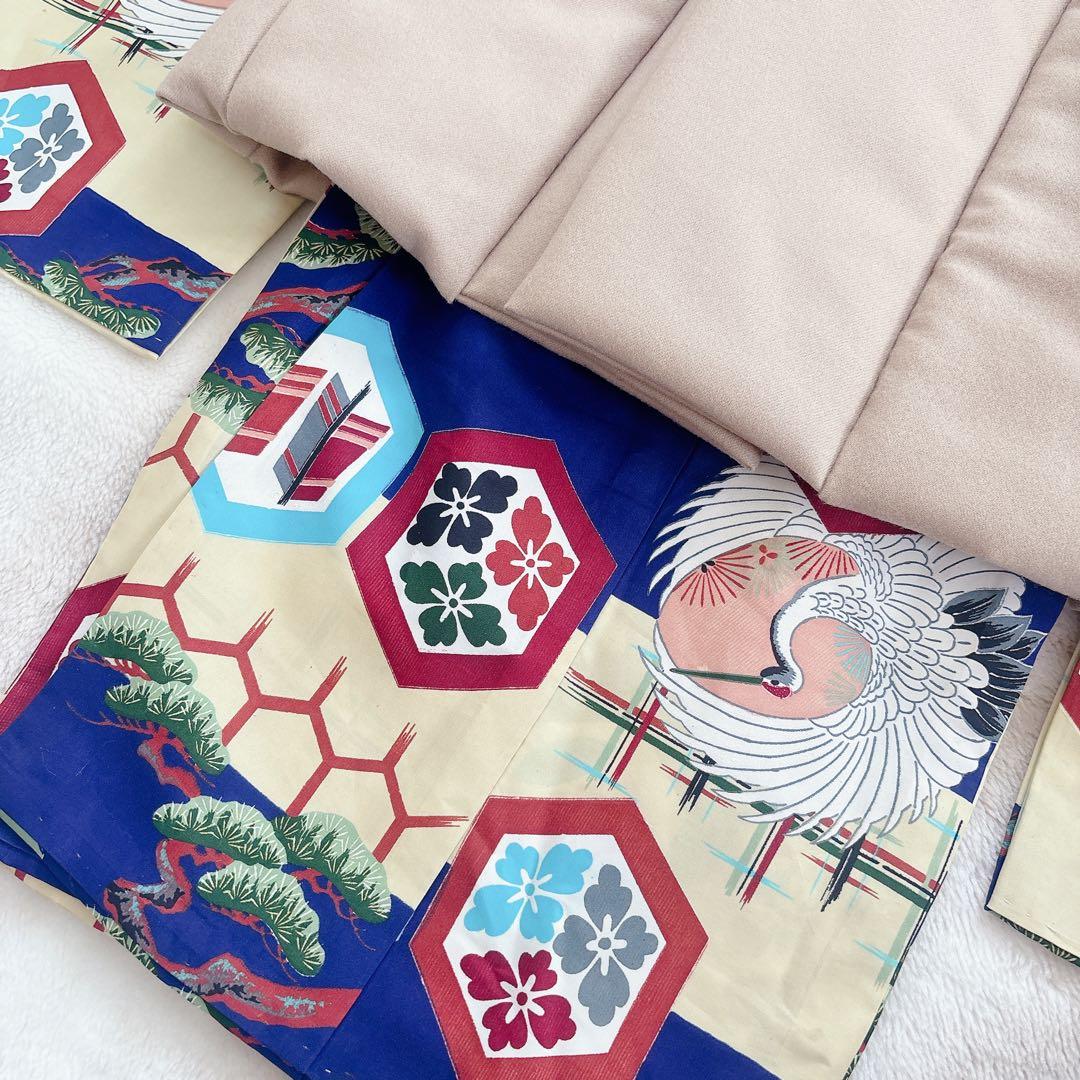 七五三　3歳　男の子　アンティーク　お着物　被布　セット　子供着物　青　鶴